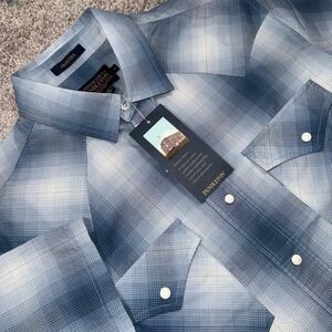 Pendleton Frontier Western Shirt Mens Short Sleeve Ombre Plaid Blue Medium NEW